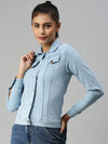 Women's Blue Solid Denim Jacket Jackets-AG-7901-Blue