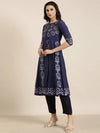 Women Anarkali Navy Blue Ethnic Motifs Kurta and Trousers Set Comes With Dupatta-GW-3378-Navyblue