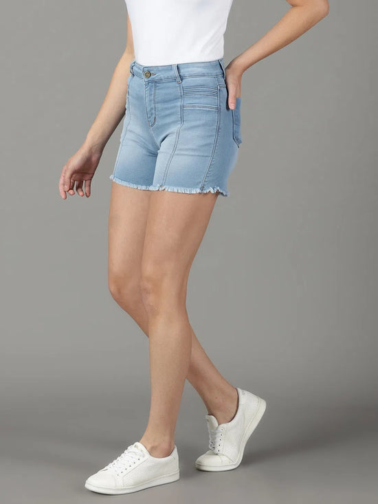 Women's Blue Solid Denim Shorts-LT-S-22439-Blue