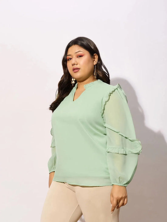 Women Mint Green Sleeve Ruffle Detail Top