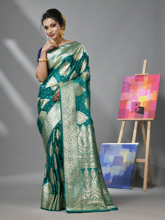 Teal Katan Silk Banarasi Saree With Ethnic Motifs And Zari Woven Designs-MA52KA441380068