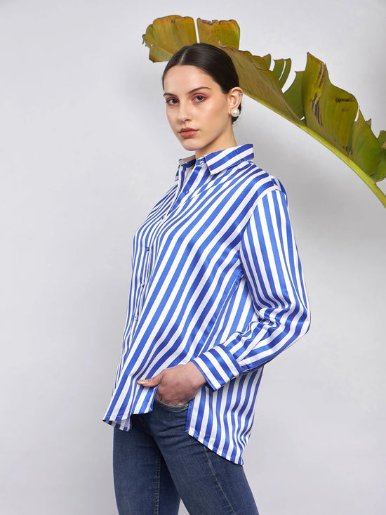 Women Blue & White Satin Striped Shirt