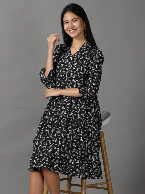 Women's Black Floral Fit and Flare Dress-KG-4098-Black