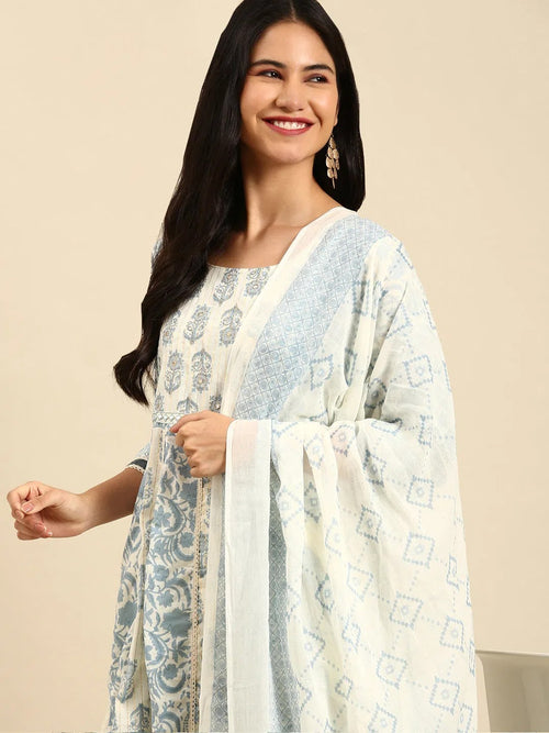 Women's Beige Printed Kurta Set-RF-1817-Cream