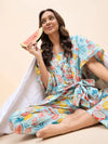 Kurta Pyjama with Kaftan Overlay Set in Blue and Pink Watermelon Print