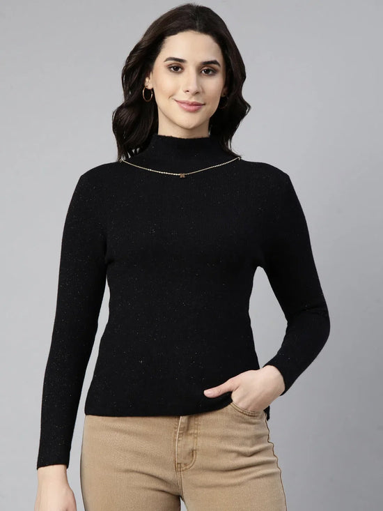 Women Solid Black Top Comes with Neck Chain-3663A-Black