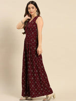 Overlap neck pleated jumpsuit in Wine Color