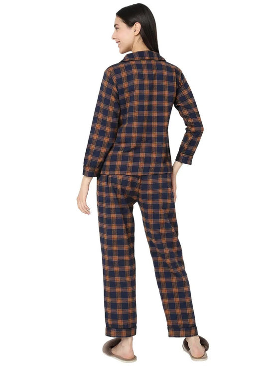 Smarty Pants Women's Brush Cotton Brown Color Checks Night Suit