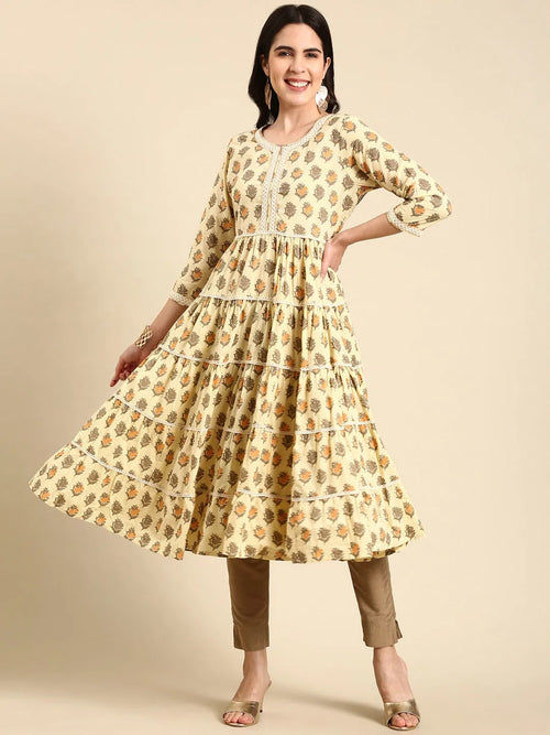 Women's Cream Printed Anarkali Kurta-RF-1553-Cream