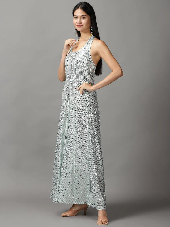 Women's Silver Embellished Gown Dress-RA-4024-Silver