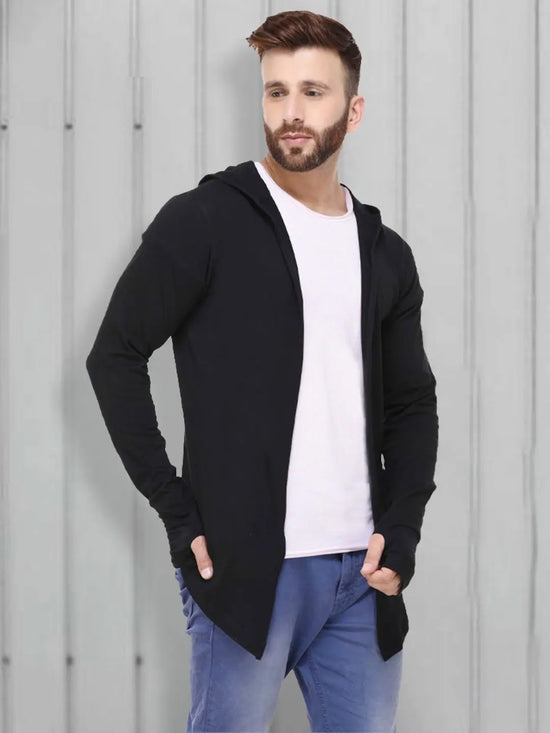 Rigo Black Hooded With Thumbhole Open Long Cardigan Full Sleeve Shrug For Men