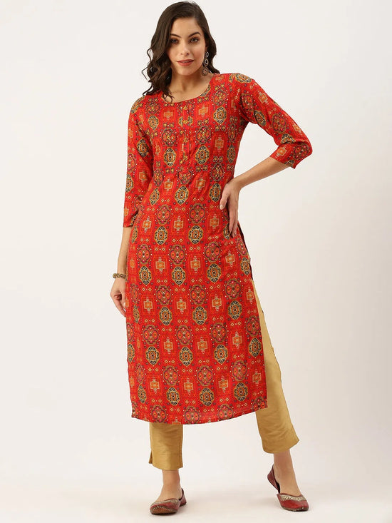 Women's Red Printed Straight Kurtas-GW-2445-Red