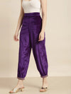 Purple Embroidered Cuff Hem Velvet Pants