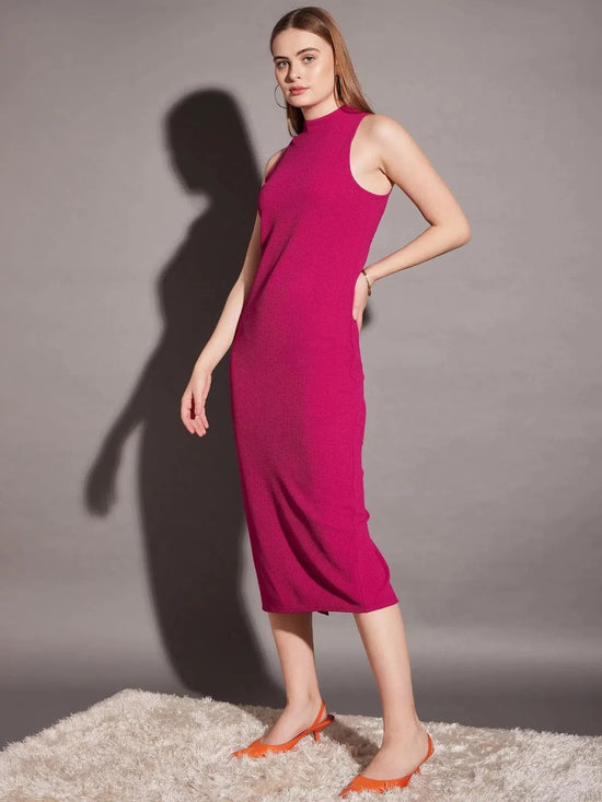 Sleeveless high neck bodycon midi dress in Pink Color