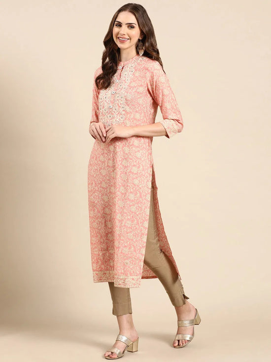 Women's Peach Floral Straight Kurta-GW-3232-Peach