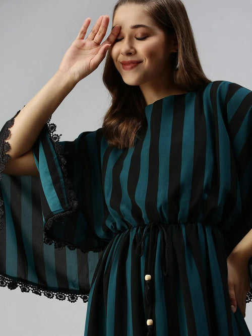 Women's Black Striped Kaftan Dress-SP-5846-Blackgreen