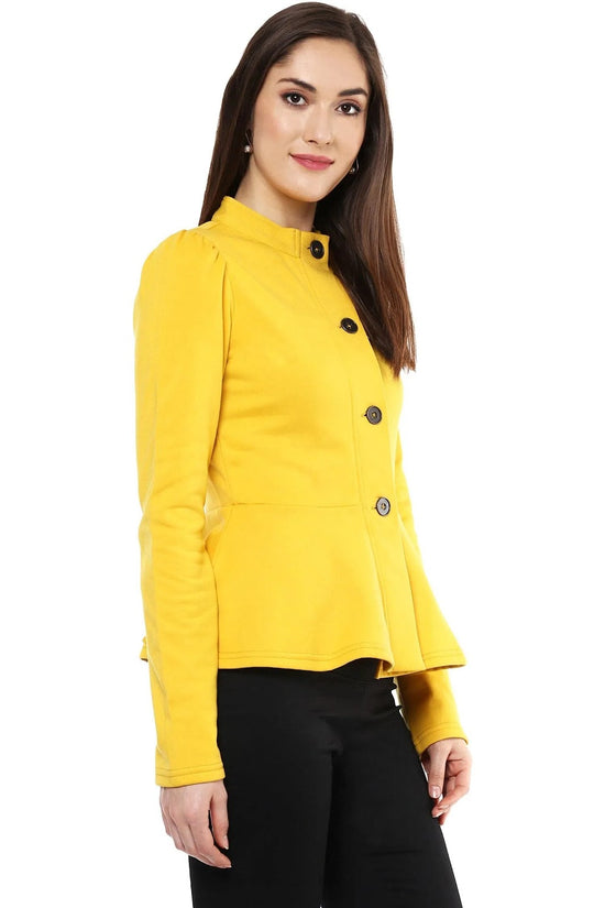 Women Solid Mustard Full Sleeve Jacket