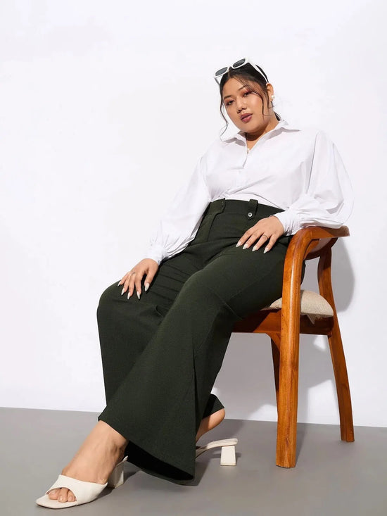 Women Olive Front Loop Detail Bell Bottom Pants