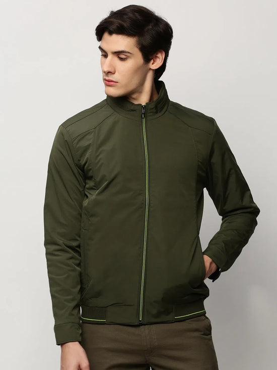 Men Green Solid Casual Bomber Jackets-ZD-3005-Olive