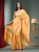 Yellow Blended Silk Handwoven Saree With Temple Zari Border-MA50BSL01660147