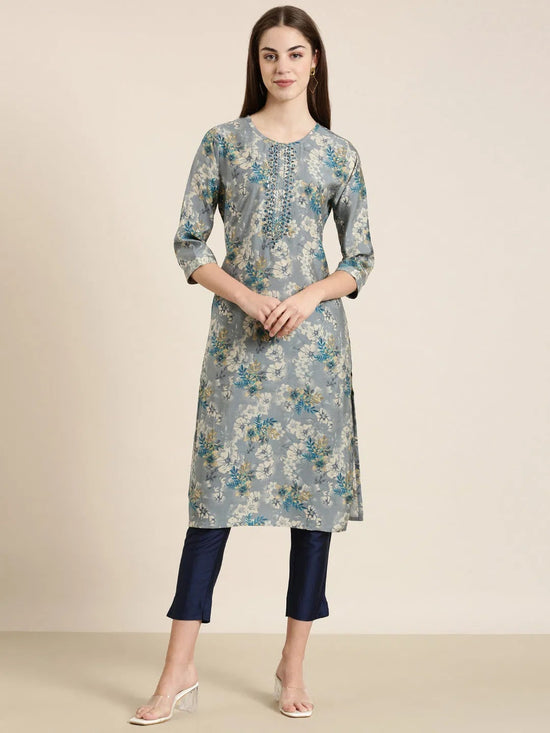 Women Grey Floral Straight Kurta-HO-2626-Grey