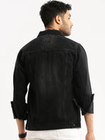 Men Charcoal Spread Collar Solid Denim Jacket-IB-DJ-02-Charcoal