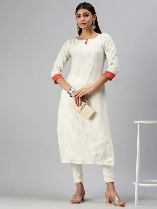 Women's White Striped Straight Kurta-RF1350-White