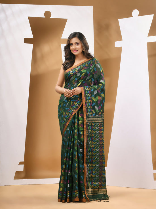 Dark Green Cotton Blend Handwoven Saree With Paisey Motifs-MA53BCT041400064