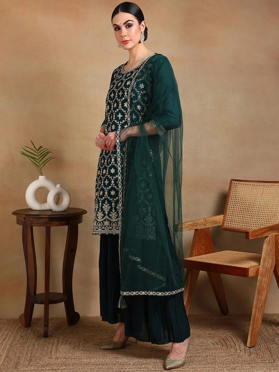 Ahika Women Green Silk Blend Embroidered Straight Kurta Sharara Set With Dupatta