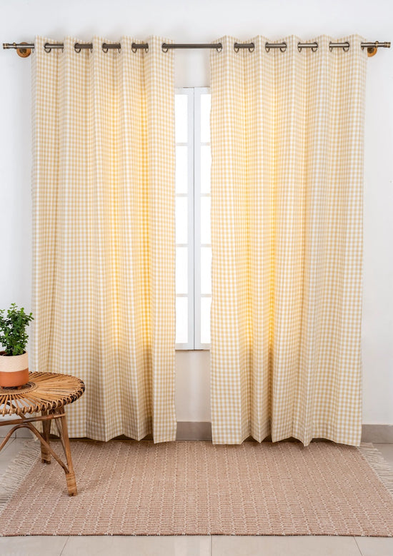 Gingham Woven 100% cotton geometric curtain for living room - Room darkening - Ivory - Pack of 1-230823163