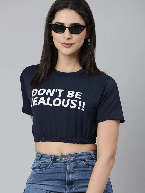 Round Neck Regular Sleeves Typography Cinched Waist Navy Blue Crop Top-AE-10631-Navyblue