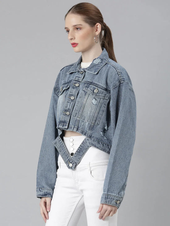 Women Blue Solid Denim Jacket-GZ-5555-Blue