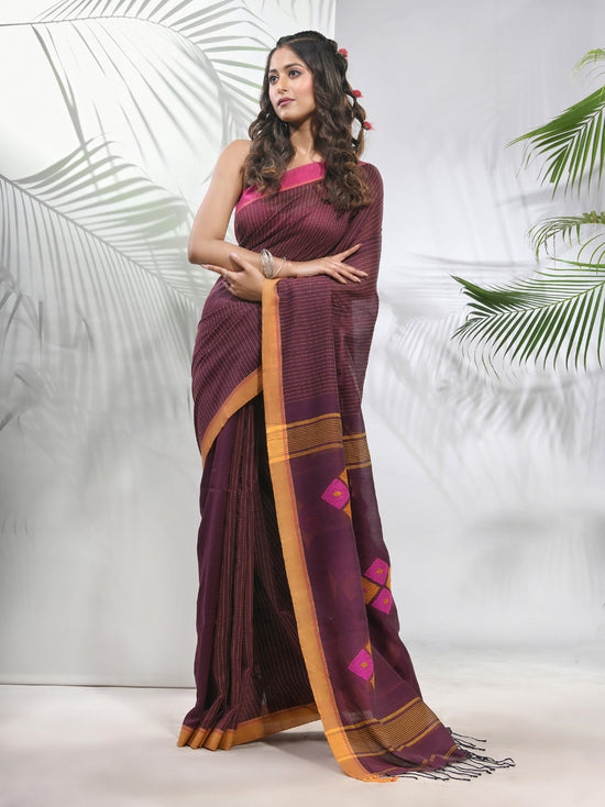 Brown Cotton Saree With Stripes Pattern-MA56CH33880046