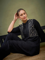 Women Black Yoke Embroidered Shirt With Palazzos