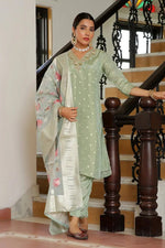 Vaasva Women Aqua Tissue Brocade Embroidered Kurta With Scalloped Pant & Dupatta-129-Vaas-Aqua