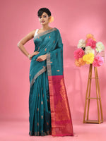 Teal Cotton Blend Handwoven Saree With Texture Motifs-MA51BCT431270019