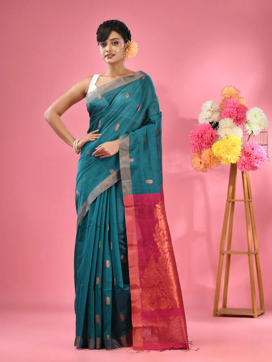 Teal Cotton Blend Handwoven Saree With Texture Motifs-MA51BCT431270019