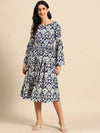 Midi Dress with bell sleeve in Blue Ikkat Print