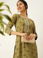 Women's Green Printed Kurta Sets-AT-A348-KP-Olive