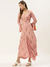 Bell sleeve printed long dress with front drape in dusty pink