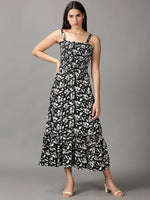 Women's Black Printed Fit and Flare Dress-AE-15674-Black