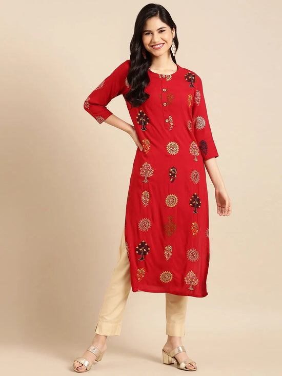 Women's Red Embroidered Straight Kurta-GW-2466-Red