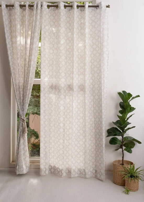 Lattice 100% cotton Sheer Geometric curtain for Living room & bedroom - Light filtering - Walnut Grey - Pack of 1-230425051