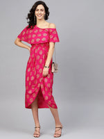 One Shoulder yoke overlap printed dress in Pink