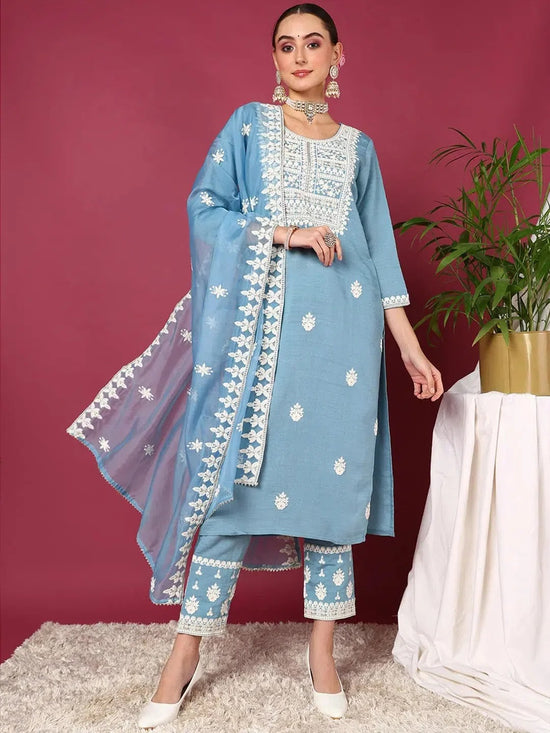 Ahika Women Blue Silk Blend Embroidered Straight Kurta Pant Set