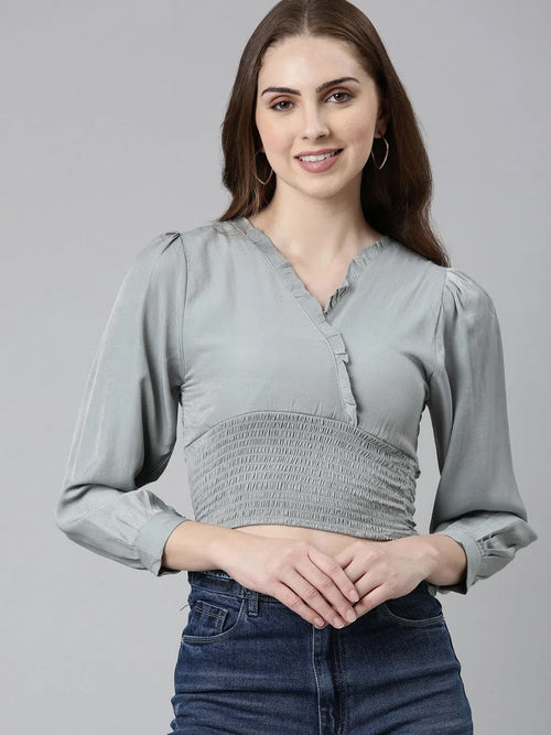 Solid V-Neck Grey Cinched Waist Crop Top-AE-10629-Grey