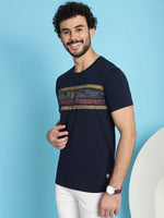 Venitian Men Printed Round Neck Navy Cotton T-Shirt