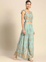 Crop Top with pleated palazzo in Light Blue Print