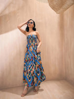 Women Blue Ikat Print Tube Maxi