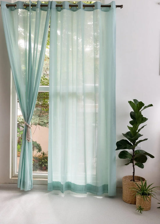 Solid Nile Blue sheer 100% cotton plain curtain for Living room & bedroom - Light filtering - Pack of 1-230425062